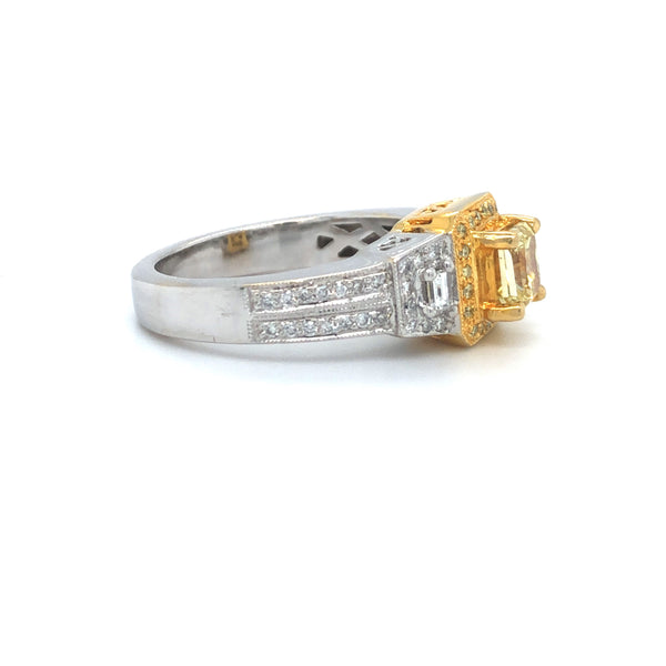 GIA Yellow Radiant Diamond Halo Ring 18k Two Tone Gold Sz 7