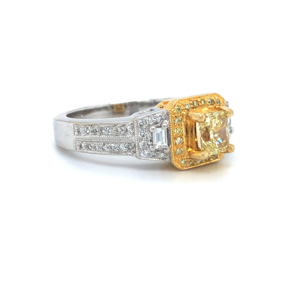 GIA Yellow Radiant Diamond Halo Ring 18k Two Tone Gold Sz 7