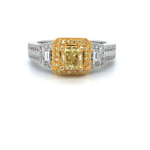 GIA Yellow Radiant Diamond Halo Ring 18k Two Tone Gold Sz 7