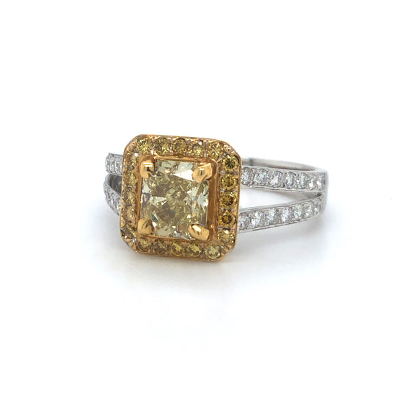GIA Yellow Radiant Diamond Halo Engagement Ring 18K Two Tone Gold Sz 6