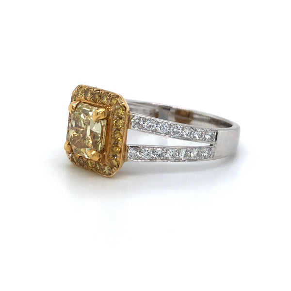 GIA Yellow Radiant Diamond Halo Engagement Ring 18K Two Tone Gold Sz 6