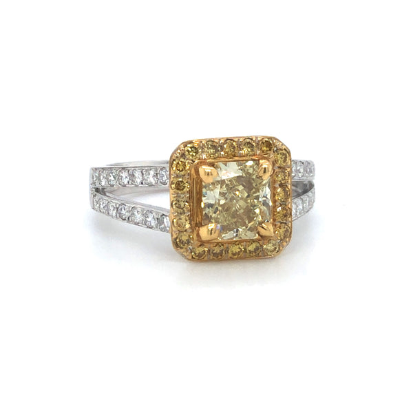 GIA Yellow Radiant Diamond Halo Engagement Ring 18K Two Tone Gold Sz 6