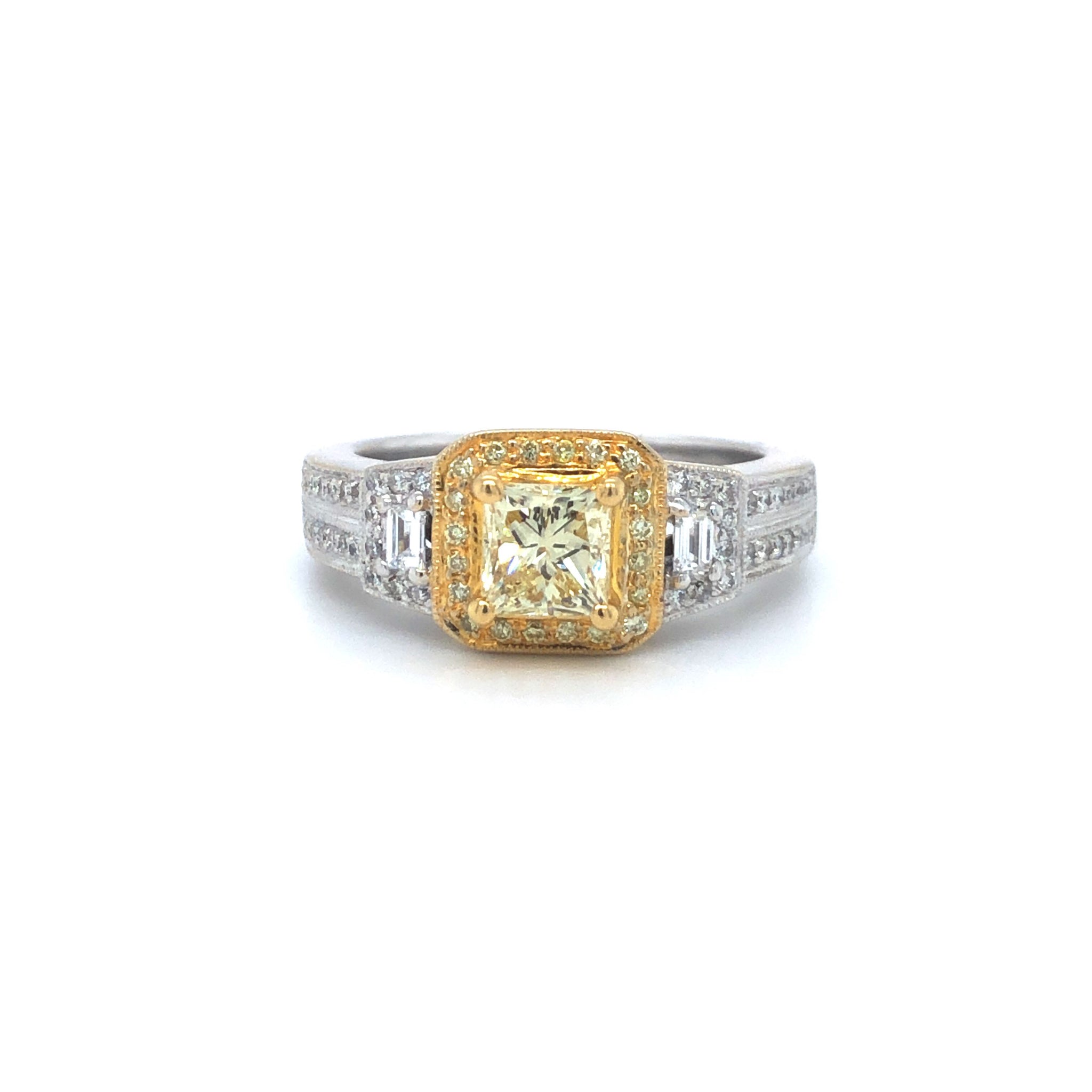 GIA Yellow Radiant Diamond Halo Engagement Ring 18k Two Tone Gold Sz 7