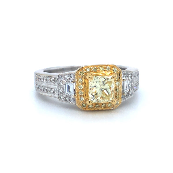 GIA Yellow Radiant Diamond Halo Engagement Ring 18k Two Tone Gold Sz 7
