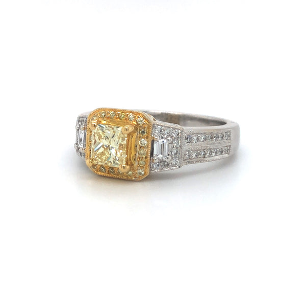 GIA Yellow Radiant Diamond Halo Engagement Ring 18k Two Tone Gold Sz 7