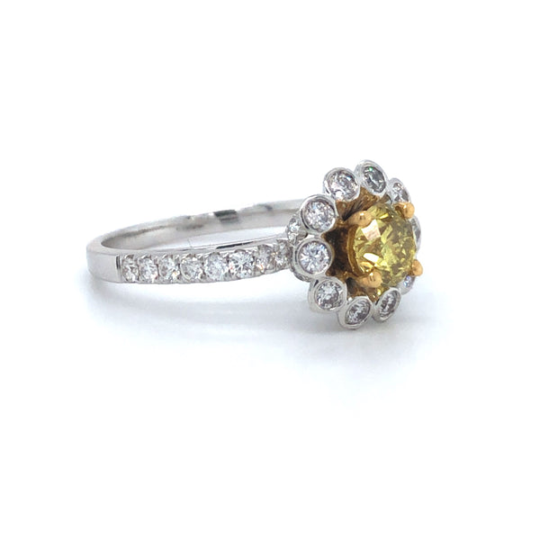 GIA Yellow Diamond Floral Engagement Ring 18k Two Tone Gold Sz 6