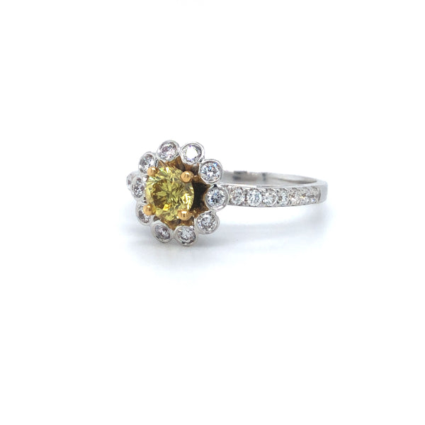 GIA Yellow Diamond Floral Engagement Ring 18k Two Tone Gold Sz 6