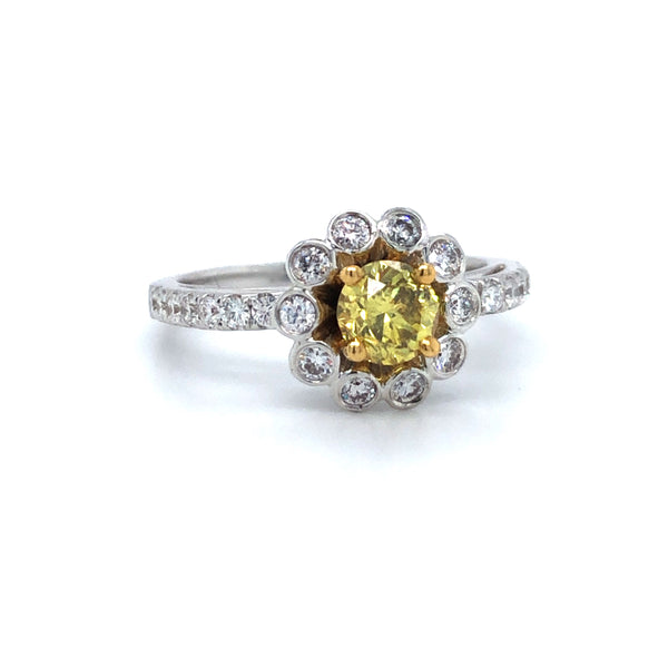 GIA Yellow Diamond Floral Engagement Ring 18k Two Tone Gold Sz 6
