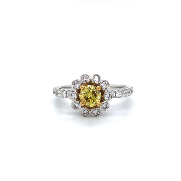GIA Yellow Diamond Floral Engagement Ring 18k Two Tone Gold Sz 6