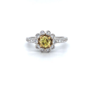 GIA Yellow Diamond Floral Engagement Ring 18k Two Tone Gold Sz 6