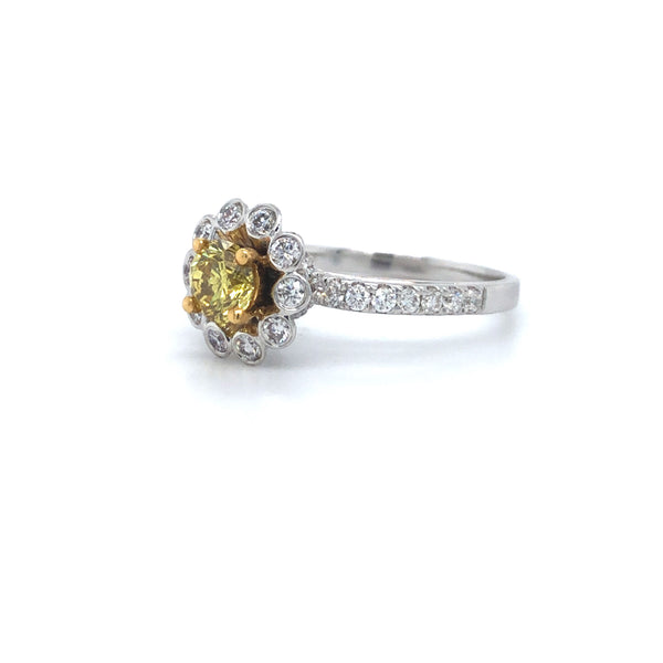 GIA Yellow Diamond Floral Engagement Ring 18k Two Tone Gold Sz 6