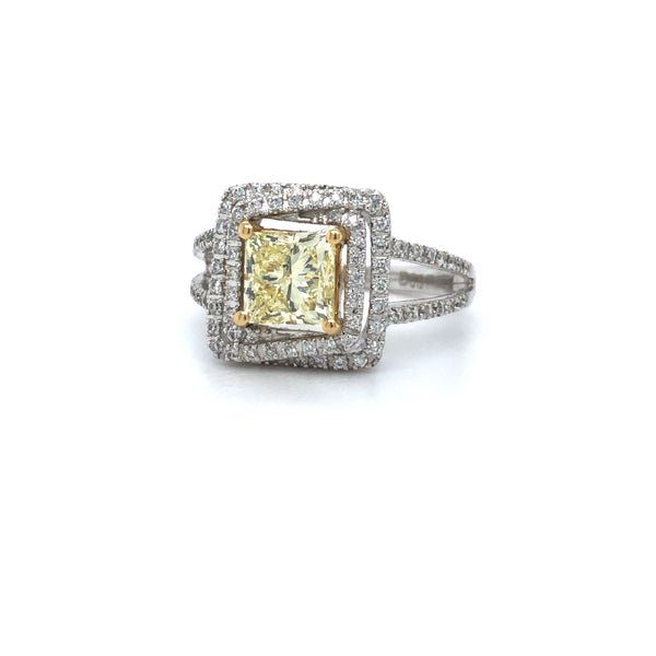 GIA Yellow Princess Halo Diamond Engagement Ring 14K Two Tone Gold sz6.5