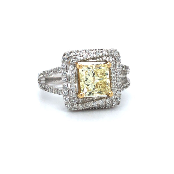 GIA Yellow Princess Halo Diamond Engagement Ring 14K Two Tone Gold sz6.5