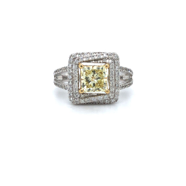 GIA Yellow Princess Halo Diamond Engagement Ring 14K Two Tone Gold sz6.5