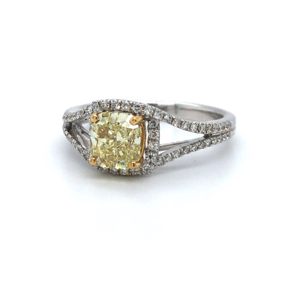 GIA Cushion Yellow Diamond Halo Engagement Ring 18k Two Tone Gold Sz 6.5