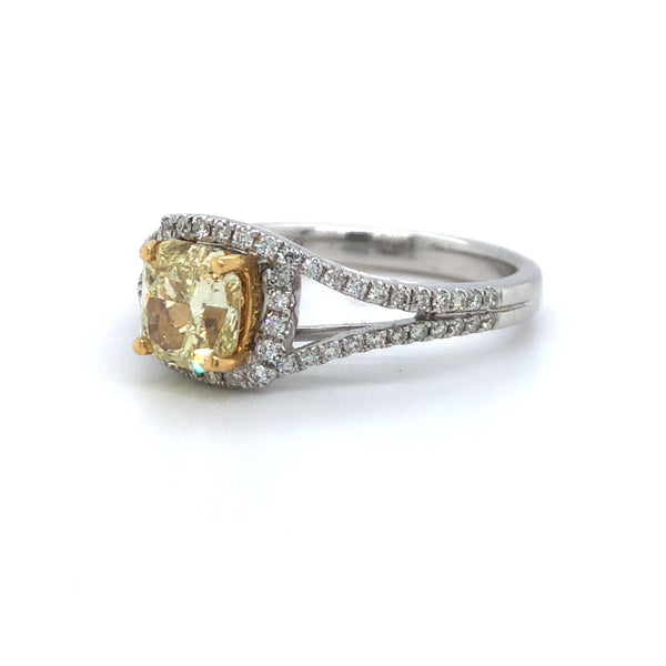 GIA Cushion Yellow Diamond Halo Engagement Ring 18k Two Tone Gold Sz 6.5