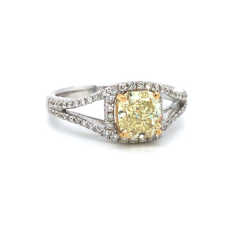 GIA Cushion Yellow Diamond Halo Engagement Ring 18k Two Tone Gold Sz 6.5