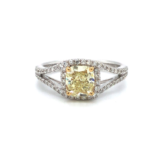 GIA Cushion Yellow Diamond Halo Engagement Ring 18k Two Tone Gold Sz 6.5