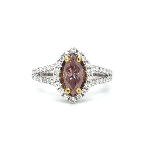 GIA 1.02Ct Pink Marquise Diamond Halo Engagement Ring 18k Two Tone Gold Sz 6.5