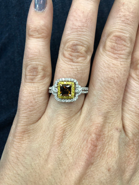GIA Fancy Orangy Brown Radiant Diamond Double Halo Ring 18k Two Tone Gold Sz 6.5