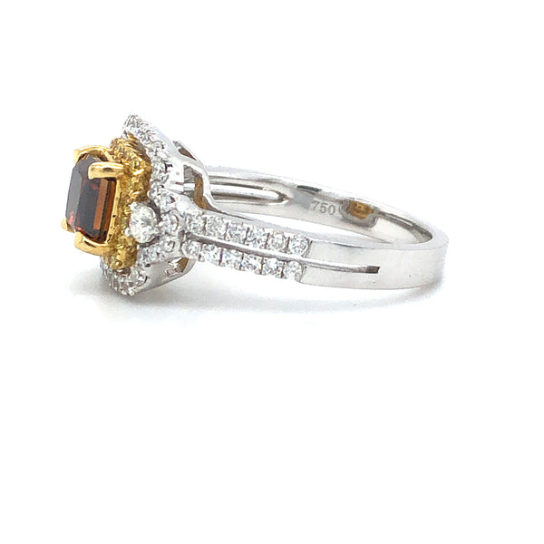GIA Fancy Orangy Brown Radiant Diamond Double Halo Ring 18k Two Tone Gold Sz 6.5