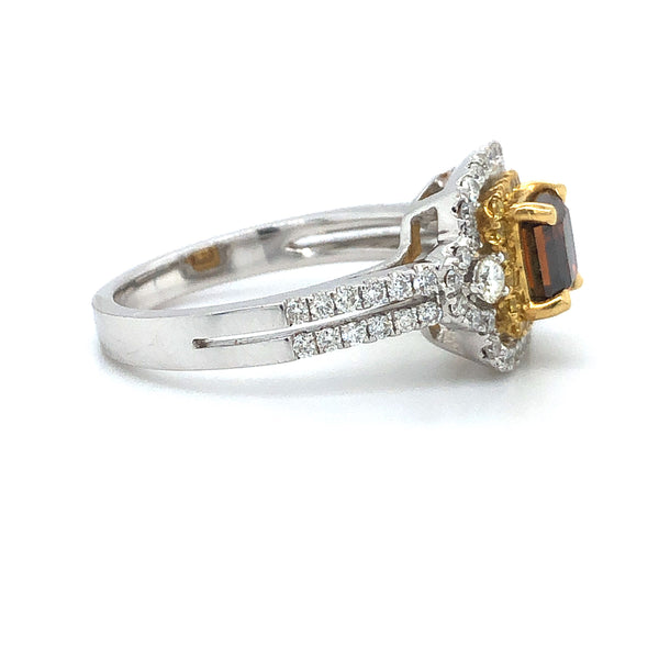GIA Fancy Orangy Brown Radiant Diamond Double Halo Ring 18k Two Tone Gold Sz 6.5