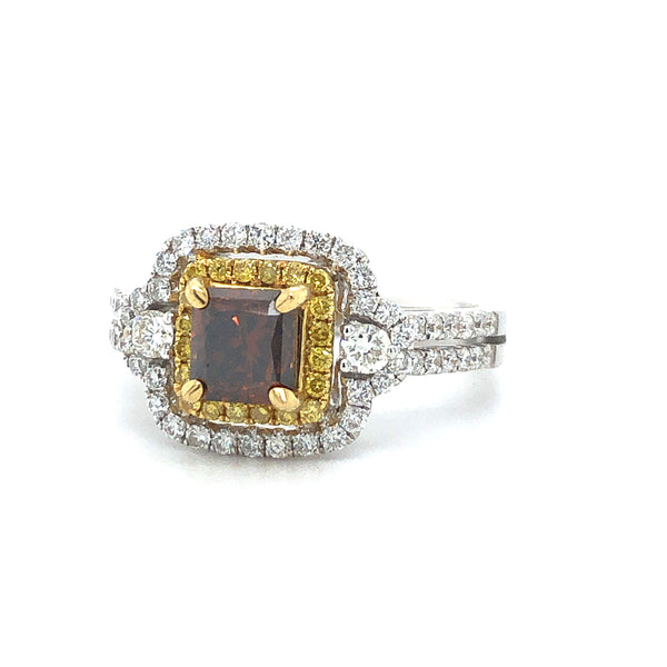 GIA Fancy Orangy Brown Radiant Diamond Double Halo Ring 18k Two Tone Gold Sz 6.5