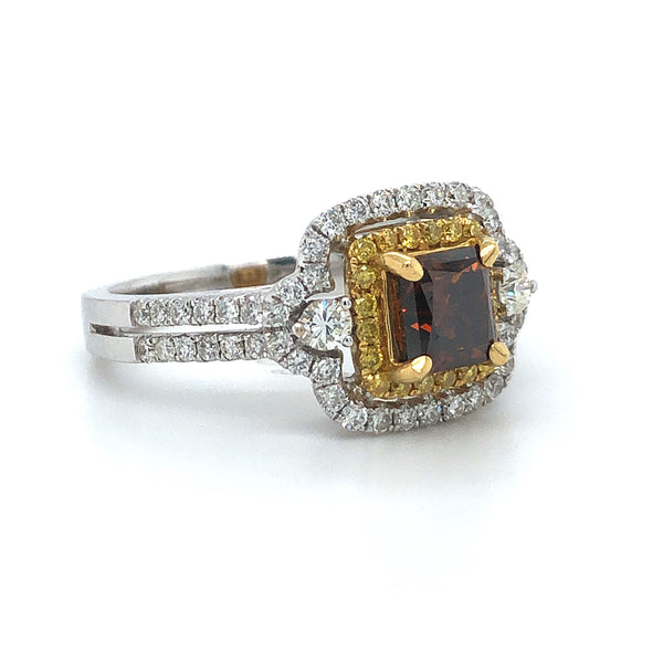 GIA Fancy Orangy Brown Radiant Diamond Double Halo Ring 18k Two Tone Gold Sz 6.5
