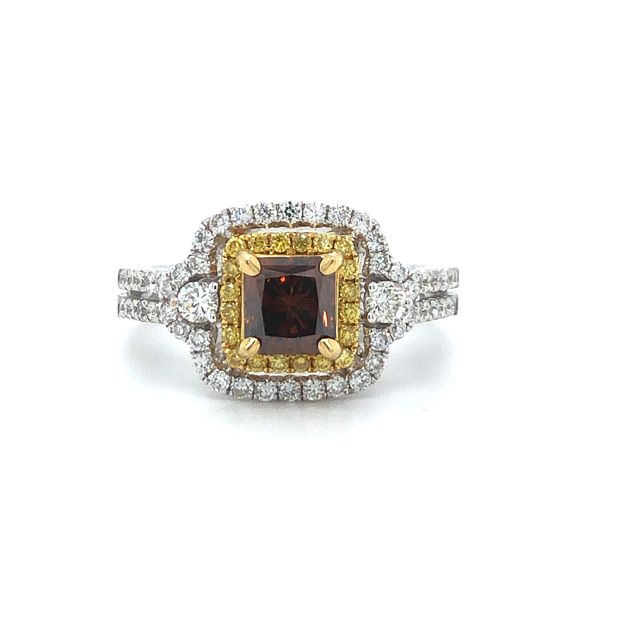 GIA Fancy Orangy Brown Radiant Diamond Double Halo Ring 18k Two Tone Gold Sz 6.5