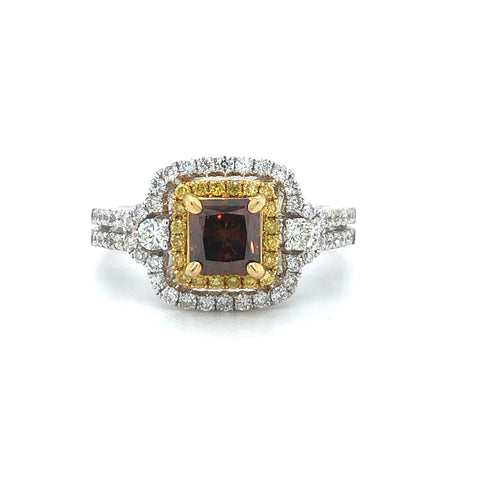 GIA Fancy Orangy Brown Radiant Diamond Double Halo Ring 18k Two Tone Gold Sz 6.5