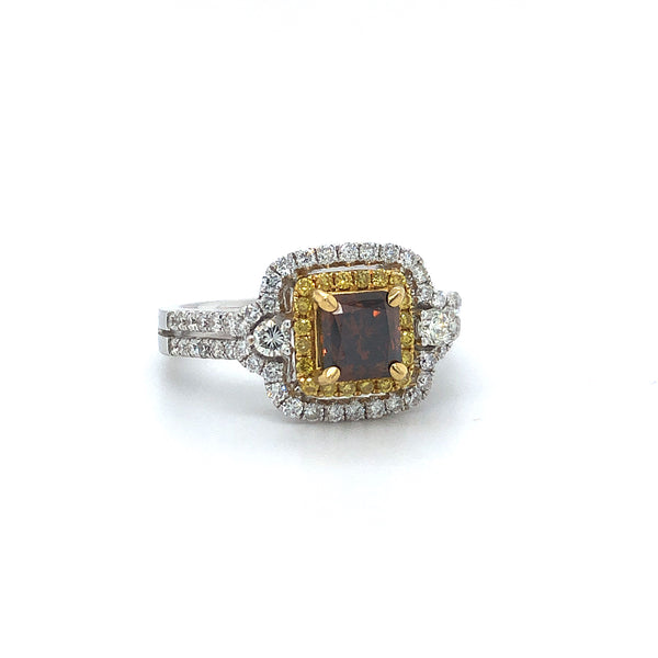 GIA Fancy Orangy Brown Radiant Diamond Double Halo Ring 18k Two Tone Gold Sz 6.5